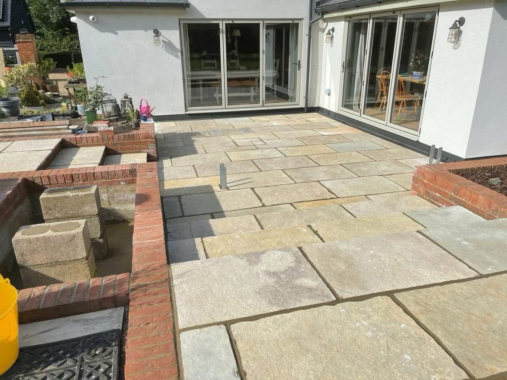 Stunning New Patio featuring high quality natural stone slabs. Essex. Get a FREE quote today on 07788 637 501