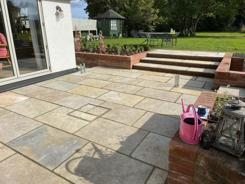 Stunning New Patio featuring high quality natural stone slabs. Essex. Get a FREE quote today on 07788 637 501